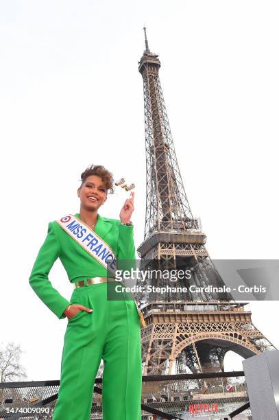 Miss France 2023 Indira Ampiot attends the "Murder Mystery 2" photocall at Pont Debilly on March 16, 2023 in Paris, France.