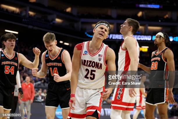 Kerr Kriisa of the Arizona Wildcats reacts to a play against the Princeton Tigers during the second half in the first round of the NCAA Men's...