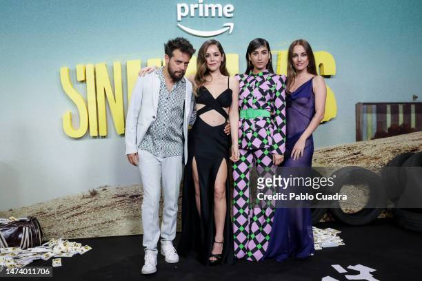 Leonardo Ortizgris, Camila Sodi, Carolina Yuste and Silvia Alonso attend the premiere of "Sin Huellas" at Cine Callao on March 16, 2023 in Madrid,...