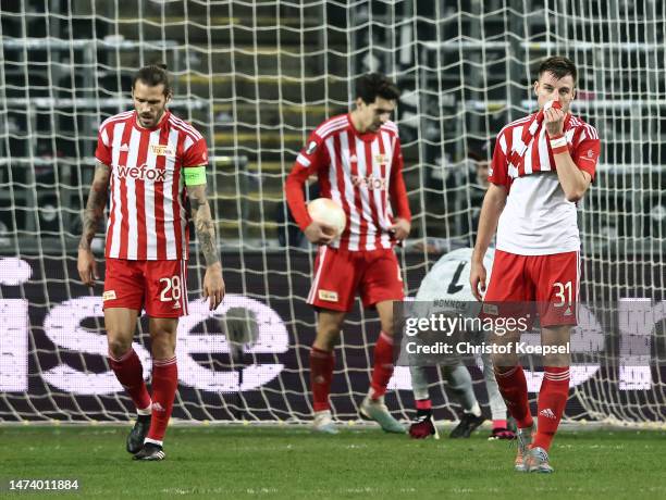 Robin Knoche of 1.FC Union Berlin looks dejected after conceding the third goal during the UEFA Europa League round of 16 leg two match between...