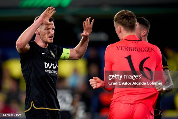 Jan Vertonghen and Bart Verbruggen of RSC Anderlecht celebrate the victory and progressing to the next round following the UEFA Europa Conference...