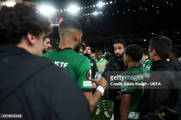 Ruben Amorim, Manager of Sporting CP, gives the team instructions before extra-time during the UEFA Europa League round of 16 leg two match between...