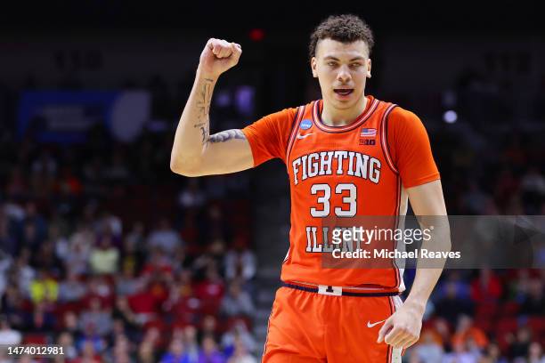 Coleman Hawkins of the Illinois Fighting Illini celebrates after scoring a basket against the Arkansas Razorbacks during the second half in the first...