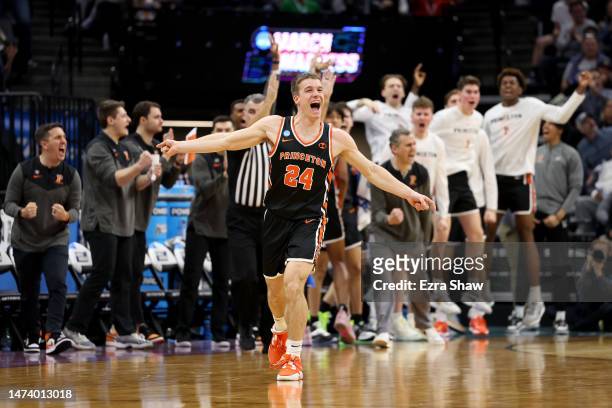 Blake Peters of the Princeton Tigers celebrates a three point basket against the Arizona Wildcats during the second half in the first round of the...