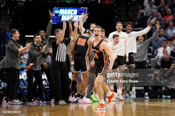 Blake Peters of the Princeton Tigers celebrates a three point basket against the Arizona Wildcats during the second half in the first round of the...