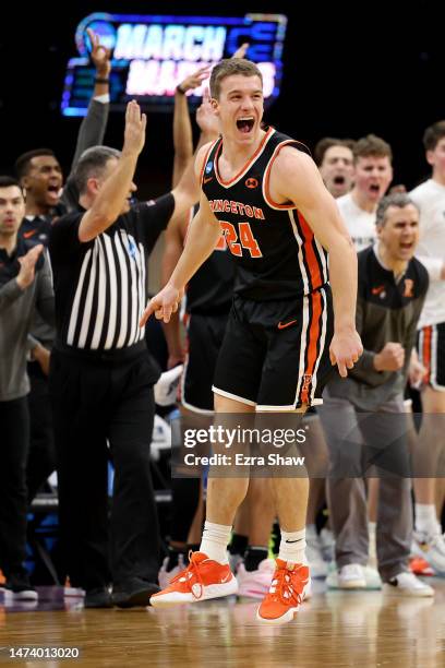 Blake Peters of the Princeton Tigers celebrates a three point basket against the Arizona Wildcats during the second half in the first round of the...