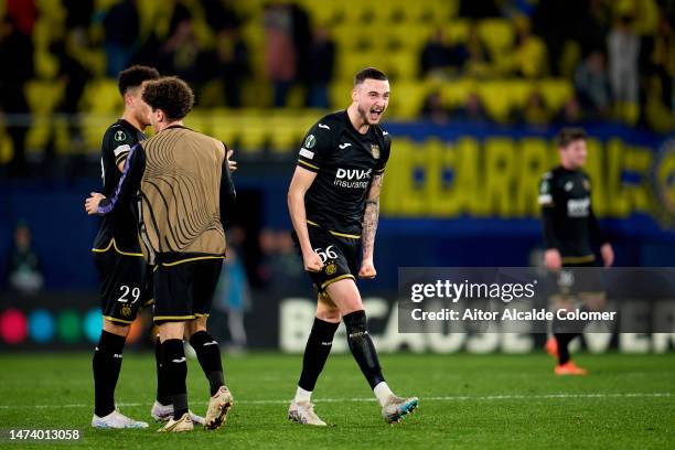 Zeno Debast of RSC Anderlecht celebrates the victory and progressing to the next round following the UEFA Europa Conference League round of 16 leg...