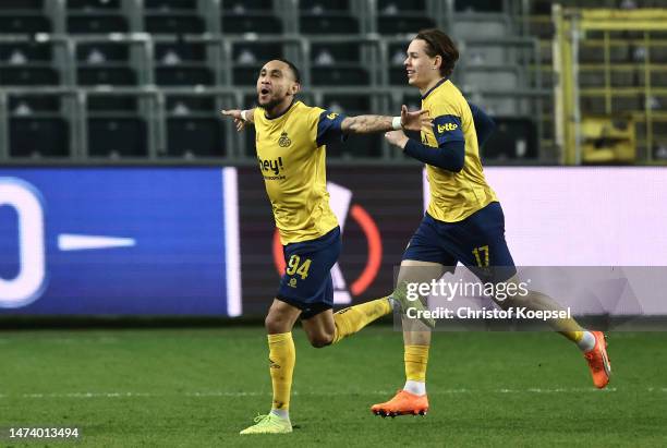 Loic Lapoussin of Union Saint-Gilloise scores the side's third goal during the UEFA Europa League round of 16 leg two match between Royale Union...