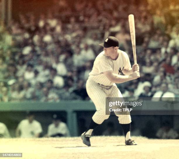 Mickey Mantle of the New York Yankees bats during an MLB game against the Baltimore Orioles at Yankee Stadium in the Bronx, New York, September 28,...