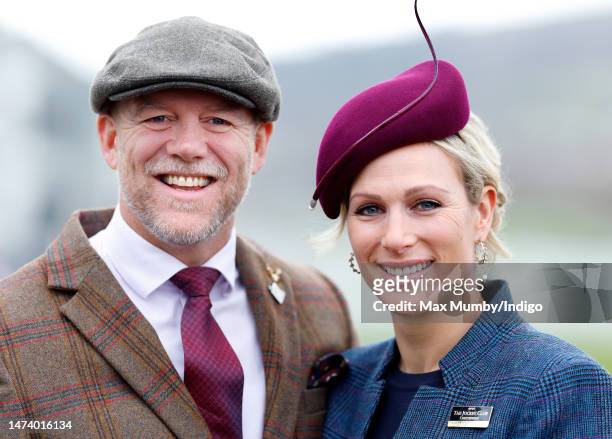 Mike Tindall and Zara Tindall attend day 3 'St Patrick's Thursday' of the Cheltenham Festival at Cheltenham Racecourse on March 16, 2023 in...