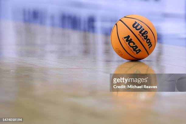Detailed view of the NCAA March Madness logo on a Wilson Evo NXT Match Ball during the second half in the first round of the NCAA Men's Basketball...