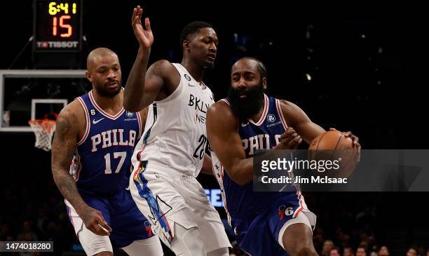 James Harden of the Philadelphia 76ers in action against the Brooklyn Nets at Barclays Center on February 11, 2023 in New York City. The 76ers...