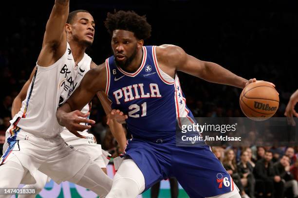 Joel Embiid of the Philadelphia 76ers in action against the Brooklyn Nets at Barclays Center on February 11, 2023 in New York City. The 76ers...