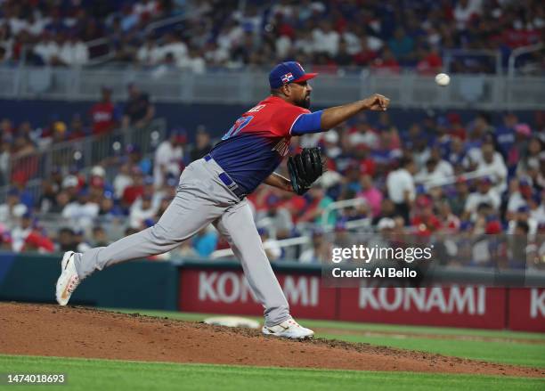 Cesar Valdez of Team Dominican Republic pitches against Team Nicaragua during their World Baseball Classic Pool D game at loanDepot park on March 13,...