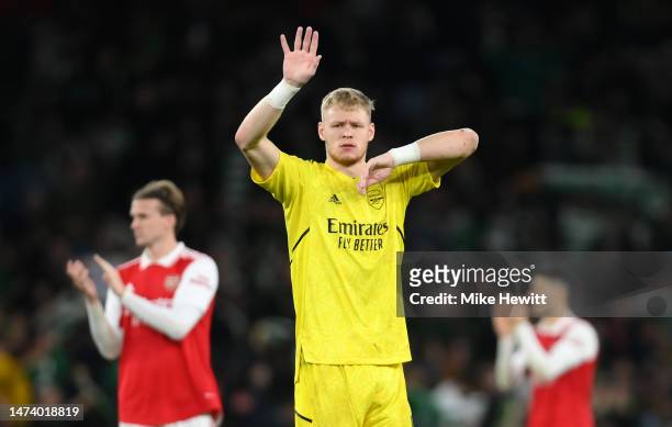 Aaron Ramsdale of Arsenal looks dejected as they acknowledges the fans following their side being knocked out of the UEFA Europa League after the...