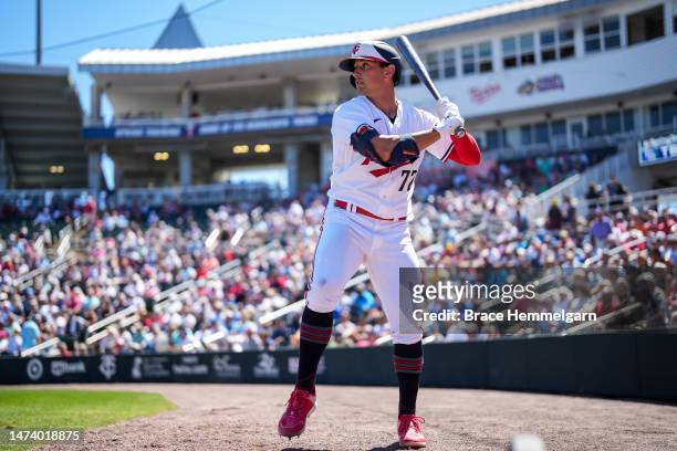 Brooks Lee of the Minnesota Twins looks on during a spring training game against the Tampa Bay Rays on March 16, 2023 at the Hammond Stadium in Fort...