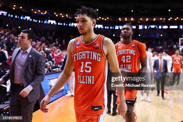 Melendez of the Illinois Fighting Illini of the Illinois Fighting Illini looks dejected as they leave the courted after being defeated by Arkansas...