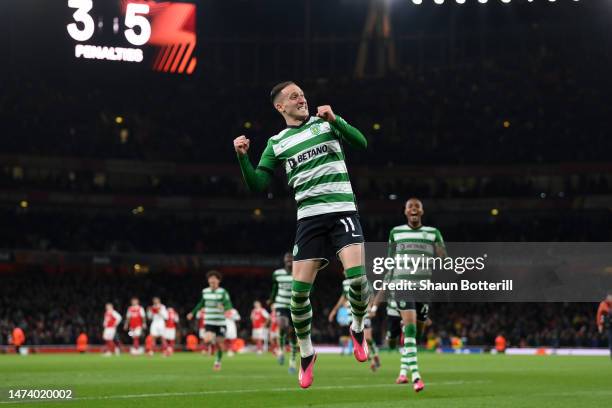 Nuno Santos of Sporting CP celebrates after scoring their side's fifth and decisive penalty in the penalty shoot out during the UEFA Europa League...