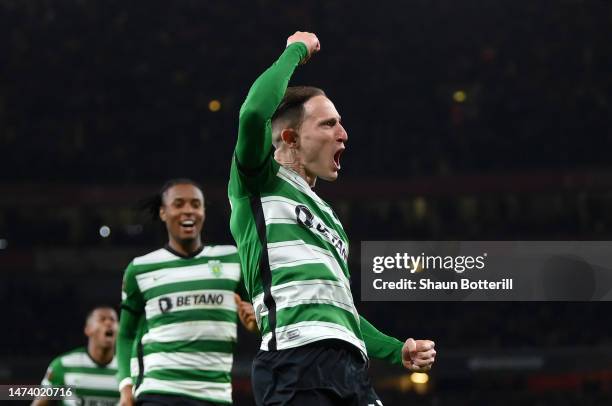 Nuno Santos of Sporting CP celebrates after scoring their side's fifth and decisive penalty in the penalty shoot out during the UEFA Europa League...