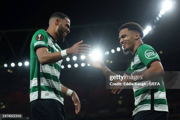 Jerry St. Juste and Marcus Edwards of Sporting CP celebrate following the team's victory in the UEFA Europa League round of 16 leg two match between...