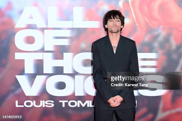Louis Tomlinson arrives at the "All Of Those Voices" UK Premiere at Cineworld Leicester Square on March 16, 2023 in London, England.