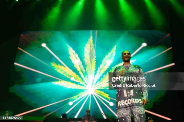 Snoop Dogg performs on stage at The OVO Hydro on March 16, 2023 in Glasgow, Scotland.