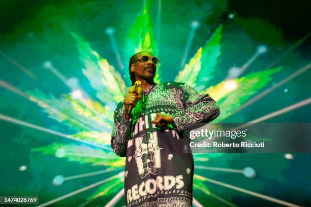 Snoop Dogg performs on stage at The OVO Hydro on March 16, 2023 in Glasgow, Scotland.