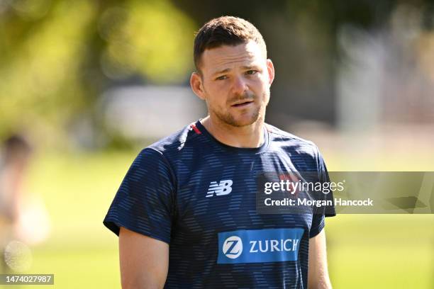 Steven May of the Demons watches on during a Melbourne Demons AFL training session at Gosch's Paddock on March 17, 2023 in Melbourne, Australia.