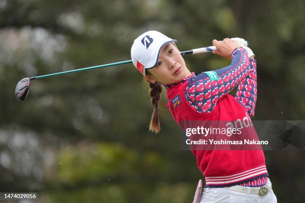Rei Matsuda of Japan hits her tee shot on the 10th hole during the second round of DAIO KAIUN Ladies Open at elleair Golf Club Matsuyama on March 17,...