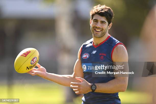 Christian Petracca of the Demons trains during a Melbourne Demons AFL training session at Gosch's Paddock on March 17, 2023 in Melbourne, Australia.