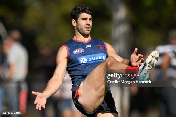 Christian Petracca of the Demons trains during a Melbourne Demons AFL training session at Gosch's Paddock on March 17, 2023 in Melbourne, Australia.