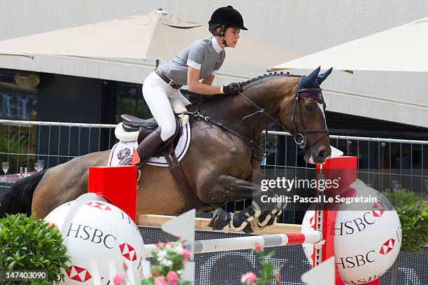 Charlotte Casiraghi rides Costa Virgio during Special Invitational 1.25m race at the Monaco International Jumping as part of Global Champion Tour on...