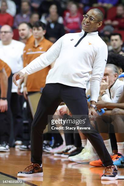 Head coach Rodney Terry of the Texas Longhorns reacts during the first half against the Colgate Raiders in the first round of the NCAA Men's...