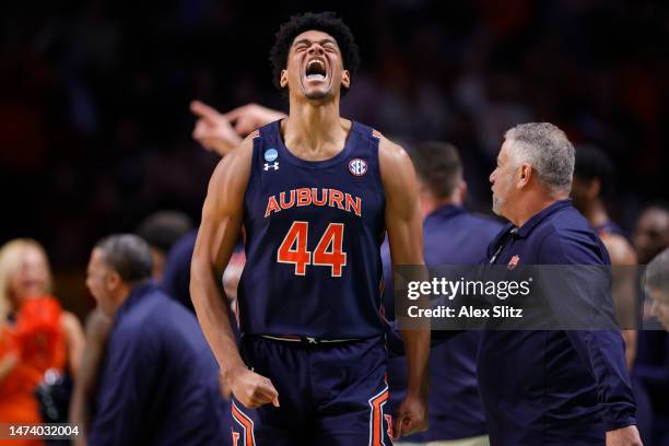 Dylan Cardwell of the Auburn Tigers reacts after a basket during the second half against the Iowa Hawkeyes in the first round of the NCAA Men's...