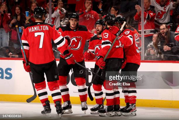 Tomas Tatar of the New Jersey Devils celebrates his goal with teammates Dougie Hamilton,Ryan Graves,Nico Hischier and Dawson Mercer during the second...