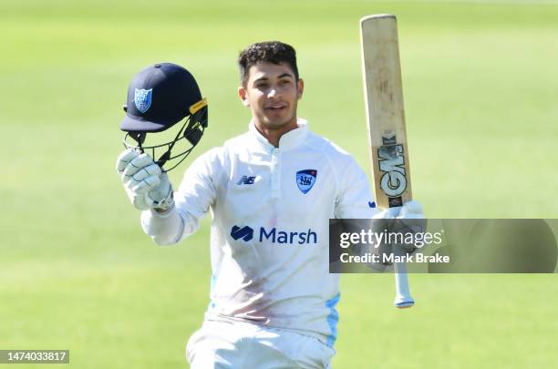 Ryan Hackney of the Blues celebrates bringing up his century during the Sheffield Shield match between South Australia and New South Wales at Karen...