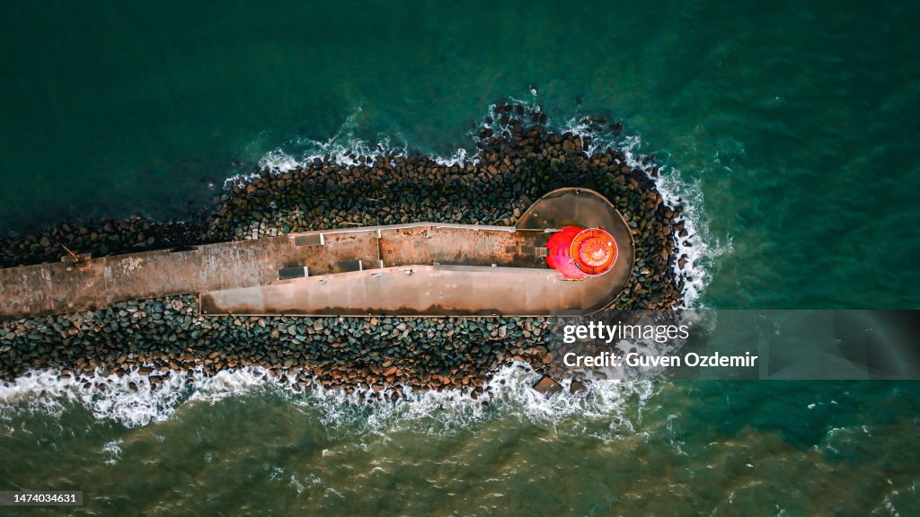 Aerial view of Poolbeg Lighthouse, The red Poolbeg Lighthouse in Dublin porti, Aerial View of Lighthouse