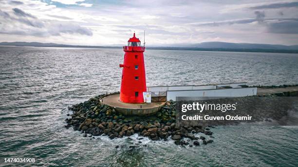 aerial view of poolbeg lighthouse, the red poolbeg lighthouse in dublin porti, aerial view of lighthouse - dublin aerial stock pictures, royalty-free photos & images