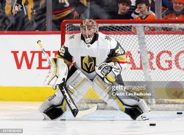 Jonathan Quick of the Vegas Golden Knights stands in goal during warm-ups prior to his game against the Philadelphia Flyers at the Wells Fargo Center...