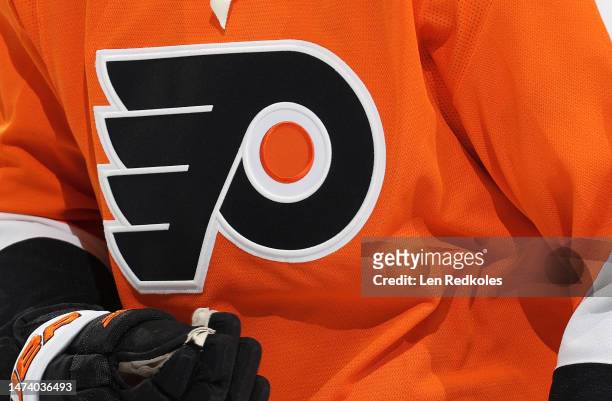 View of the logo of the Philadelphia Flyers during warm-ups against the Vegas Golden Knights at the Wells Fargo Center on March 14, 2023 in...