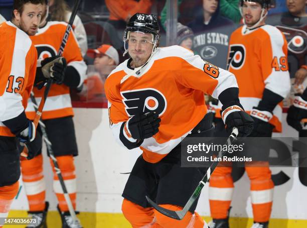 Justin Braun of the Philadelphia Flyers skates during warm-ups prior to his game against the Vegas Golden Knights at the Wells Fargo Center on March...