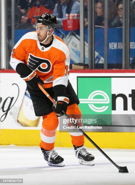 Kevin Hayes of the Philadelphia Flyers skates the puck against the Vegas Golden Knights at the Wells Fargo Center on March 14, 2023 in Philadelphia,...