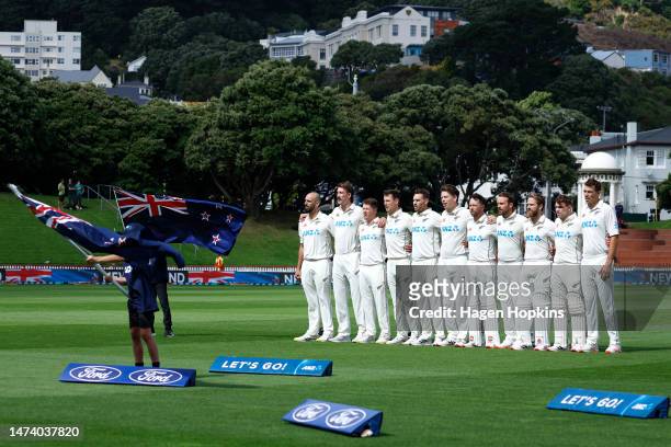 New Zealand players sing the national anthem during day one of the Second Test Match between New Zealand and Sri Lanka at Basin Reserve on March 17,...