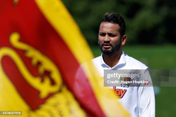 Dimuth Karunaratne of Sri Lanka sings the national anthem during day one of the Second Test Match between New Zealand and Sri Lanka at Basin Reserve...