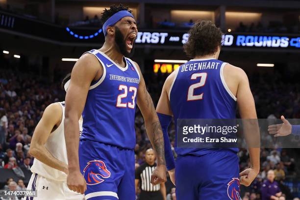 Naje Smith of the Boise State Broncos reacts during the second half of a game against the Northwestern Wildcats in the first round of the NCAA Men's...