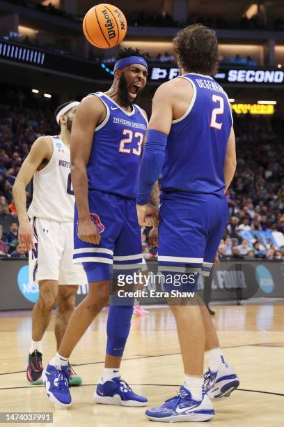 Naje Smith of the Boise State Broncos reacts during the second half of a game against the Northwestern Wildcats in the first round of the NCAA Men's...