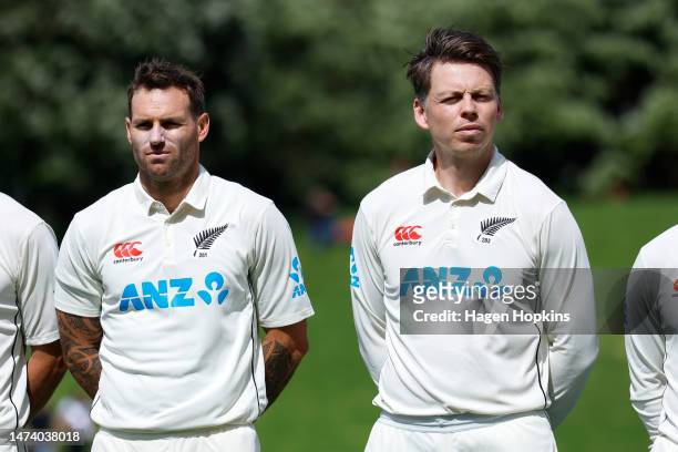 Cousins Doug Bracewell and Michael Bracewell of New Zealand line up for the national anthems during day one of the Second Test Match between New...