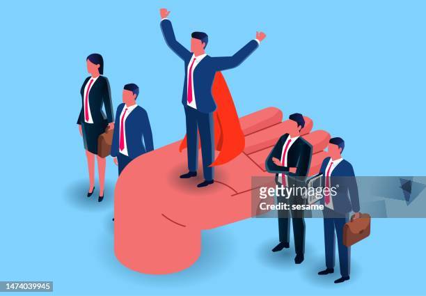 support and selection, choosing good employees or guiding businessmen to success, providing help or encouragement to achieve business goals, huge hands to support businessmen wearing capes to success - candidate experience stock illustrations