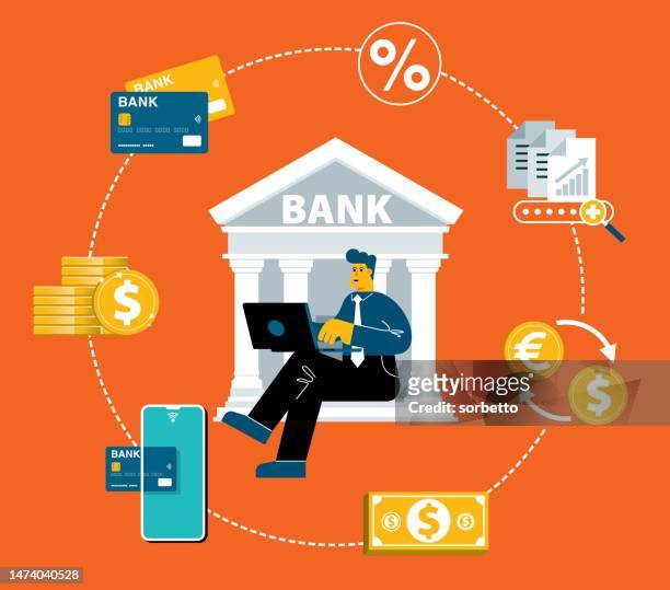 ilustraciones, imágenes clip art, dibujos animados e iconos de stock de banca online - empresario - onlinebanking