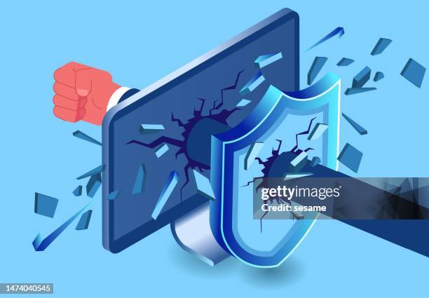 suffered a network attack or hacking, network security system or firewall personal privacy security, isometric fist to shatter the shield and again shatter the computer screen - trojan horse virus stock illustrations